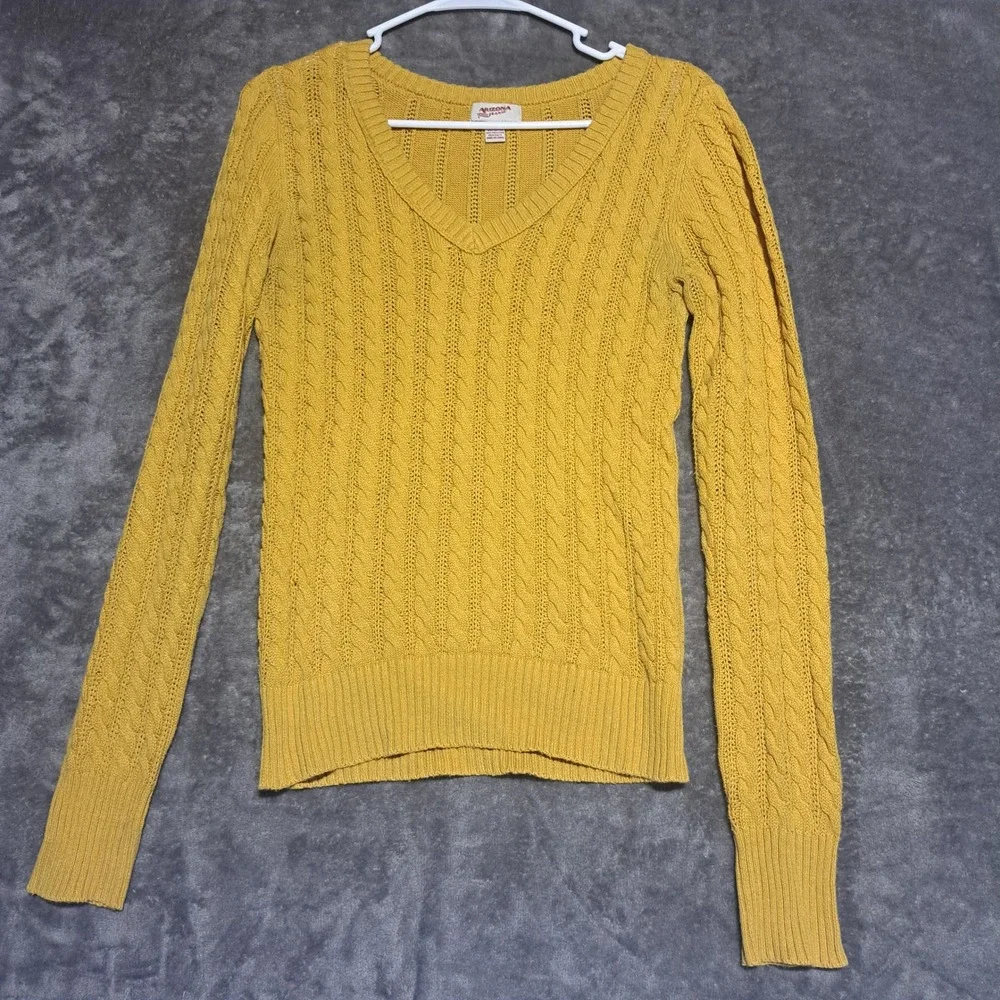 Arizona Jean Co Mustard Yellow V-Neck Cable Knit Sweater Medium Preppy Boho